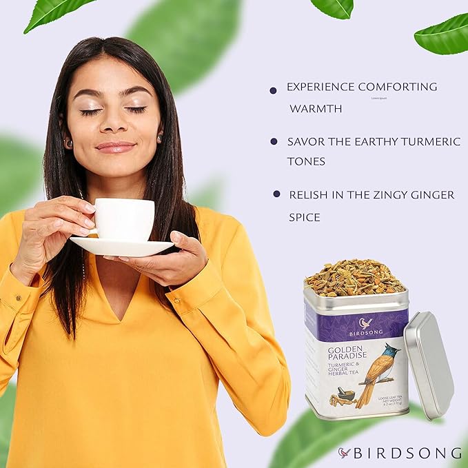 Birdsong Golden Paradise: Organic Turmeric and Ginger Herbal Teas with Lemongrass and Black Pepper, 100% Natural Caffeine Free Tea with Antioxidants Supports Overall Health, Decaffeinated Loose Leaf