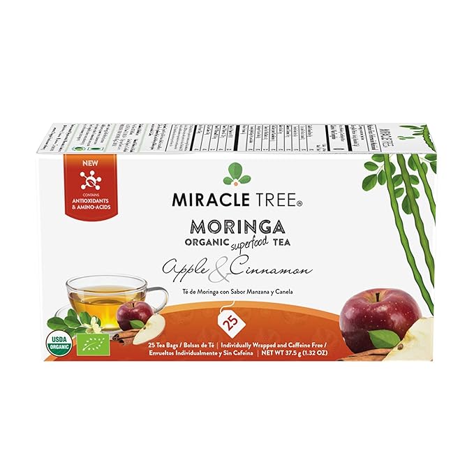 Miracle Tree - Organic Moringa Superfood Tea, 25 Individually Sealed Tea Bags, Apple & Cinnamon (Keto, Detox, Energy/Immunity Booster, Vegan, Gluten-Free, Organic, Non-GMO, Caffeine-Free)