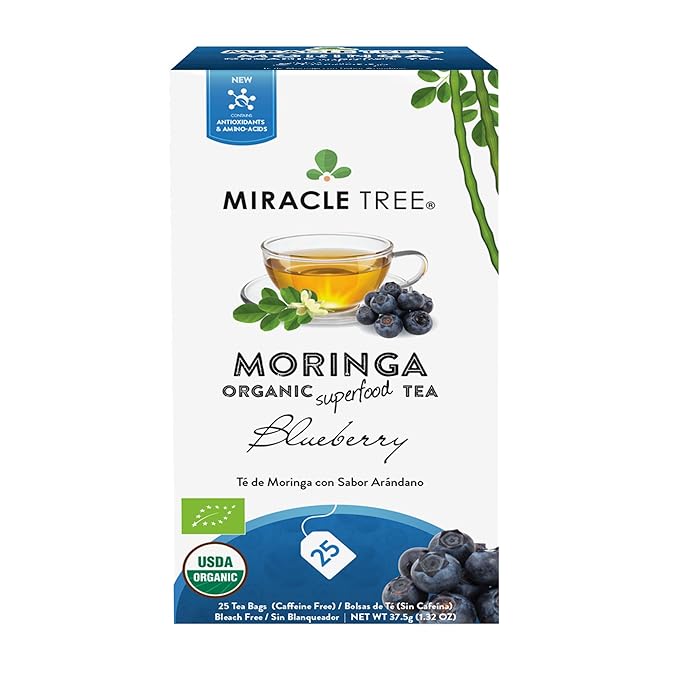 Miracle Tree - Organic Moringa Superfood Tea, 25 Individually Sealed Tea Bags, Blueberry (Keto, Detox, Energy & Immunity Booster, Vegan, Gluten-Free, Organic, Non-GMO, Caffeine-Free)