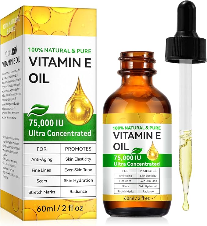 Vitamin E Oil, 75000 IU Ultra Concentrated, 100% Natural Body Oil Moisturizing Dry Skin, Pure Vitamin E Oil for Skin, Scars, Face, Hair, Nails, Hexane-Free, Non-GMO, 2 Fl Oz