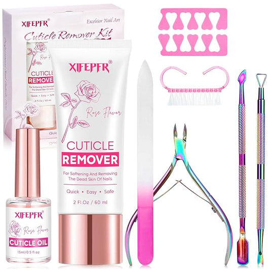 Cuticle Remover Kit - Cuticle Remover Cream & Cuticle Oil, Rose Flavor Cuticle Care Kit with Cuticle Trimmer Cuticle Pusher Cuticle Nipper for Manicure, Removedor de Cuticula for Nail Care