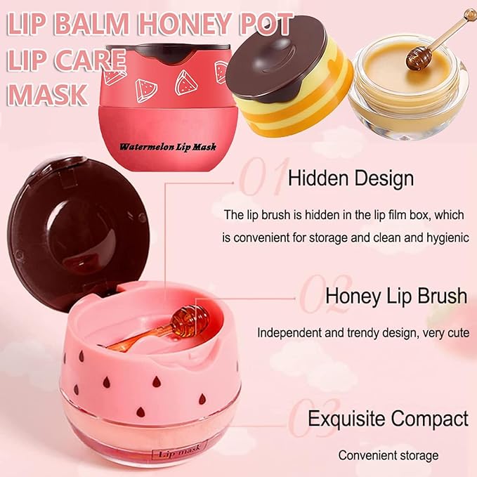 3PCS Bee Lip Balm Honey Pot,Honey (Honey+Strawberry+Watermelon)