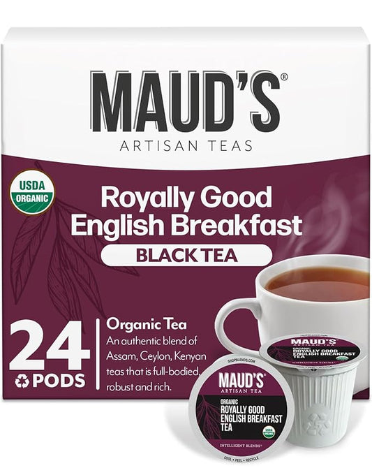 Maud's Organic English Breakfast Tea Pods, 24 ct, Recyclable Single Serve Tea Pods – 100% Gourmet Blended Tea Leaves, Compatible with Keurig K Cups Maker