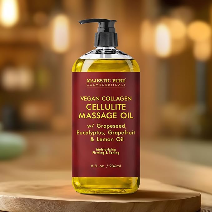 MAJESTIC PURE Anti Cellulite Massage Oil - with Vegan Collagen & Stem Cells, Cellulite Cream for Skin Tightening and Cellulite Remover in Thighs and Butt - 8 fl oz