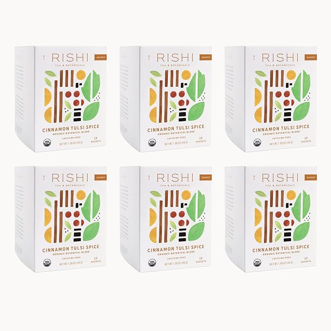 Rishi Tea Cinnamon Tulsi Spice Herbal Tea - Organic, Caffeine Free Sachet Bags, Warming & Naturally Sweet Botanical Blend - 15 Count (Pack of 6)