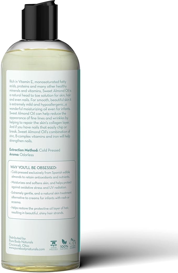 Pure Body Naturals Sweet Almond Oil for Hair and Skin, 100% Pure and Cold Pressed, Hexane Free, Skin Moisturizer, Nails, Therapeutic Massage, Carrier Oil 16 Fl. Ounce (Label Varies)