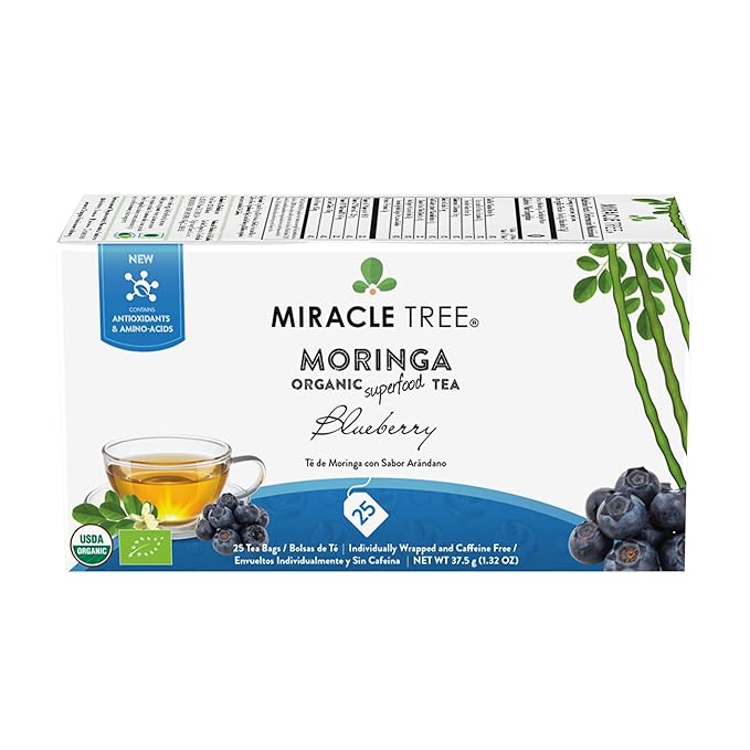Miracle Tree - 3 Count of Organic Moringa Superfood Tea, 25 Individually Sealed Tea Bags, Blueberry (Keto, Detox, Energy/Immunity Booster, Vegan, Gluten-Free, Organic, Non-GMO, Caffeine-Free)