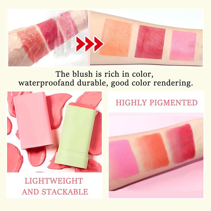 3 Colors Blush Stick,Multi-Use Cream Blush,Waterproofing Highly Pigmented Makeup Stick,Moisturizing Makeup Cream Set with Blender Sponge