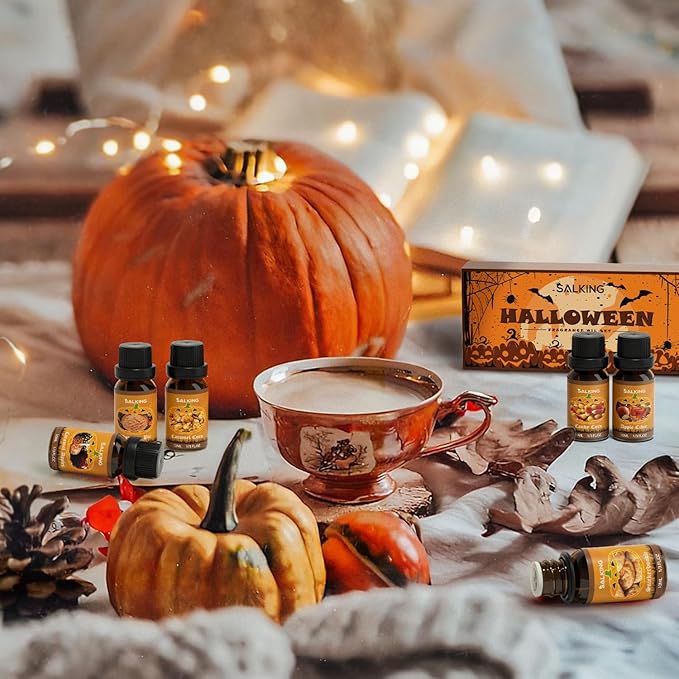 SALKING Halloween Fragrance Oils, Premium Essential Oils for Diffuser, Scented Oils Gift Set for Soap Candle Making - Pumpkin Pie,Caramel Apples,Candy Corn, Snickerdoodle, Caramel Corn, Apple Cider