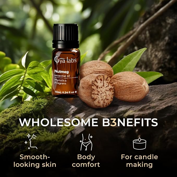 Gya Labs Nutmeg Essential Oil for Diffuser - 0.34 Fl Oz - 100% Pure Natural Nutmeg Oil for Diffusers, Aromatherapy, Skin, Candles Making - Warm Spicy Yet Sweet Scent