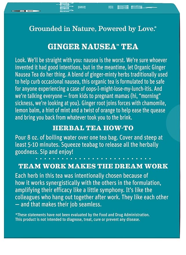 Earth Mama Organic Ginger Nausea™ Tea | Comforts Occasional Nausea + Morning Sickness, 16 Teabags Per Box (6-Pack)