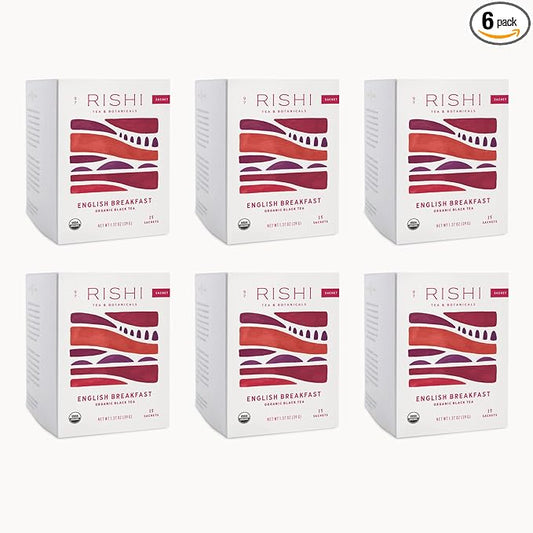 Rishi Tea English Breakfast Tea - Organic Sachet Tea Bags, Energizing & Caffeinated Pure Black Tea, Ideal for Hot or Iced Tea - 15 Count (Pack of 6)