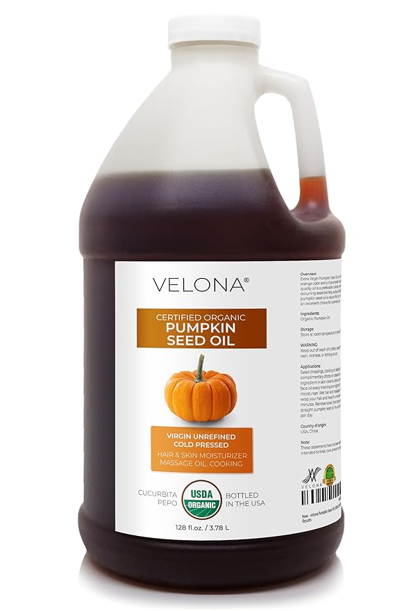 velona Pumpkin Seed Oil USDA Certified Organic - 1 Gallon / 128 Fl Oz | 100% Pure and Natural Carrier Oil | Unrefined, Cold Pressed | Cooking, Face, Hair, Body & Skin Care | Use Today - Enjoy Result