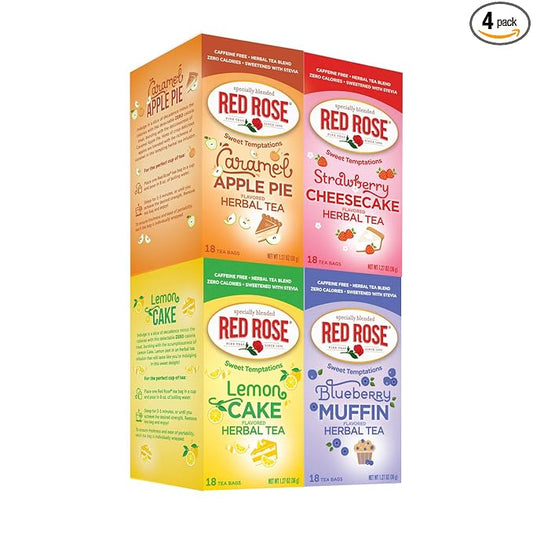 Red Rose Sweet Temptations Dessert Tea Variety Pack, Zero Sugar, Caffeine-Free Flavored Delicious Beverage Herbal Tea, 18 Count Pack of 4 Fruit Naturally Flavored Herbal Tea