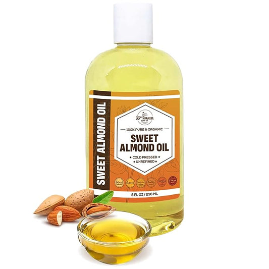 ORGANIC SWEET ALMOND OIL (8 oz) Premium Cold Pressed Unrefined | 100% Pure Sweet Almond Oil for Skin, Face, Hair, Soap Making | Carrier for Essential Oils | Available in Bulk | 8 FL OZ