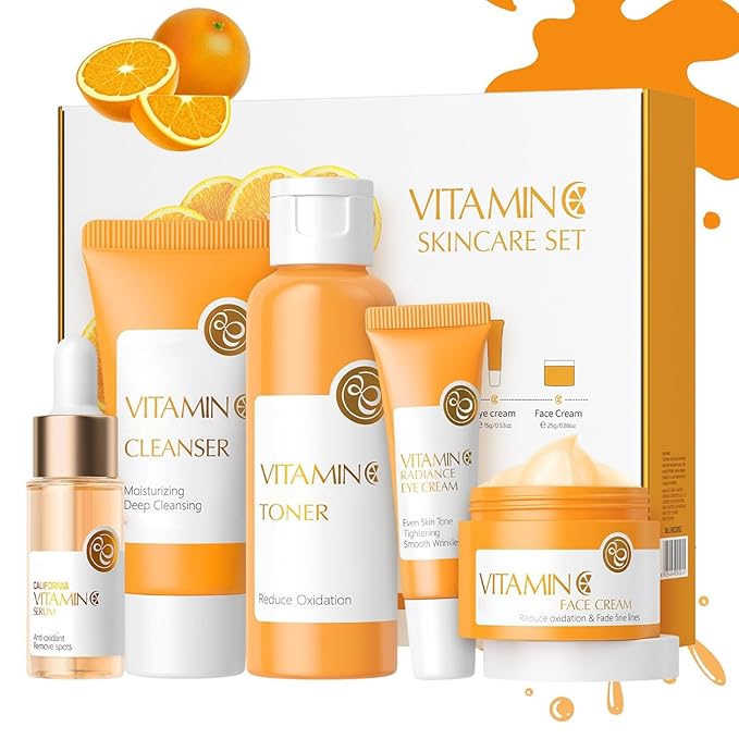 Vitamin C Skincare Set, 5Pcs Skincare Gift Set With Cleanser, Toner, Face Serum, Face Cream, And Eye Cream, Facial Kit for Women, 5-In-1 Skin care Gift Set, Moisturizing Skincare Set For Women Men