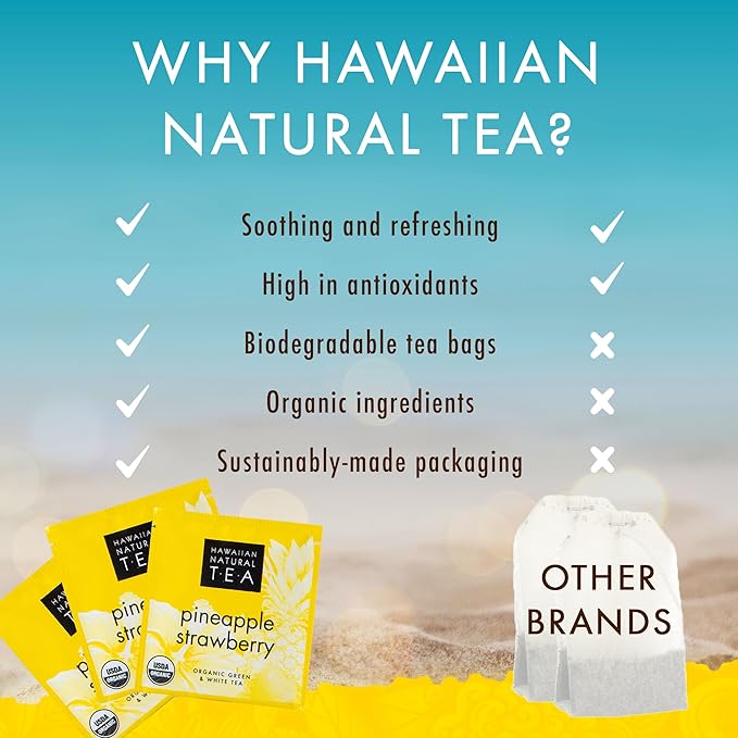 Hawaiian Natural Tea Pineapple Strawberry Flavored Organic Tea - Tropical Fruit Green Tea Blend with White Tea - Perfect Daily Cup & Gift for Tea Lovers - 120 Tea Bags