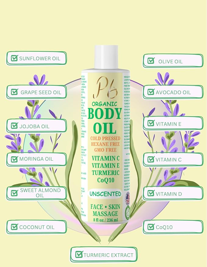 Organic Body Oil – Cold-Pressed Blend with Jojoba, Olive, Moringa & Almond Oils – Hydrating Oil for Skin & Massage, Natural Moisturizer – 8 fl oz