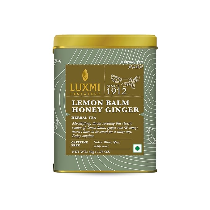 Luxmi Estates - Lemon Balm Honey Ginger - 50g (25 cups) | Organic Lemon Balm Tea with Honey and Ginger Root | Great for Soar Throat, Immunity and Stress Relief