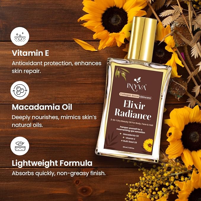 Elixir Radiance 3-in-1 Luxurious Dry Beauty Oil for Face, Body, & Hair - Vitamin E & Macadamia Oil -Hydrating, Non Greasy & Lightweight - Radiant Glow - 3.38 Oz