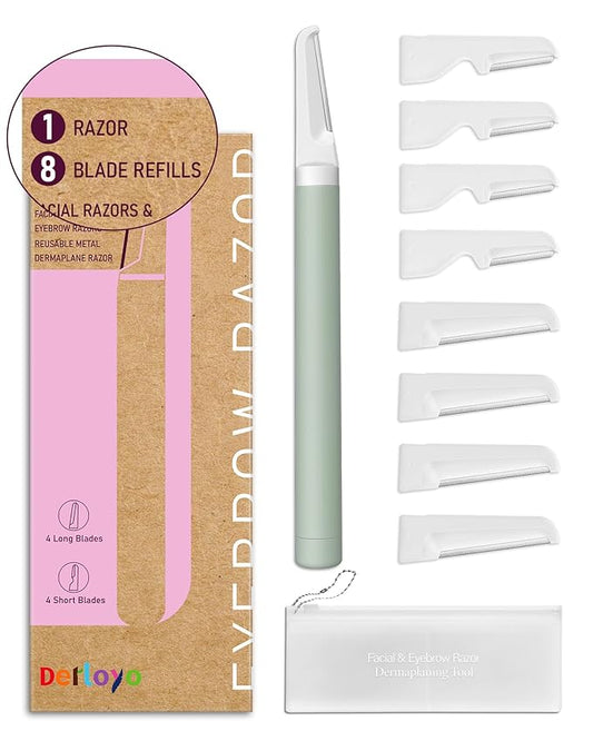 Dermaplane Razor - Facial Hair Removal Tool with 8 Refill Blades, Exfoliating Dermaplaning Tool for Face, Eyebrow Razor with Safety Cover, Face Shaver for Women (Green)