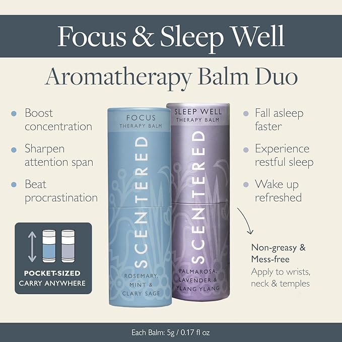 Scentered Aromatherapy Balm Stick Duo for Sleep & Focus - All Natural Sleep Balm with Lavender & Focus Aid with Rosemary - Essential Oil for Relaxation & Concentration - Mother's Day Gift Ideas