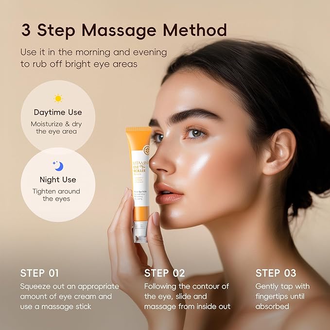 Easilydays Vitamin C Eye Cream & Under Eye Serum, Refreshing, Hydrating, Radiant Glow Eye Care Eye Roller Serum with 360° Massage Ball, Tightening Under Eye Serum for Women Reduce Wrinkles Fine Lines