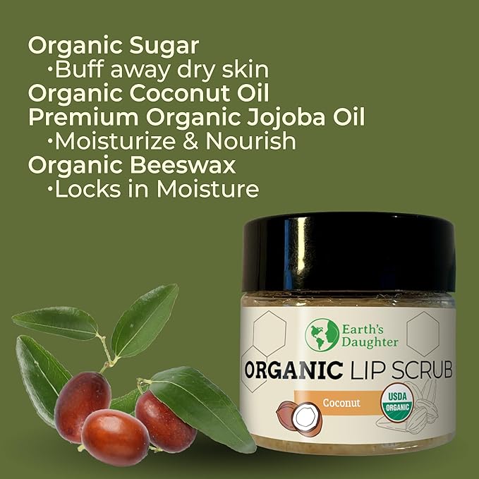 Earth's Daughter Organic Coconut Lip Scrub 0.7 oz - USDA Organic, Fair Trade, Sugar, Jojoba Oil, Beeswax, Coconut Oil, Calendula Extract