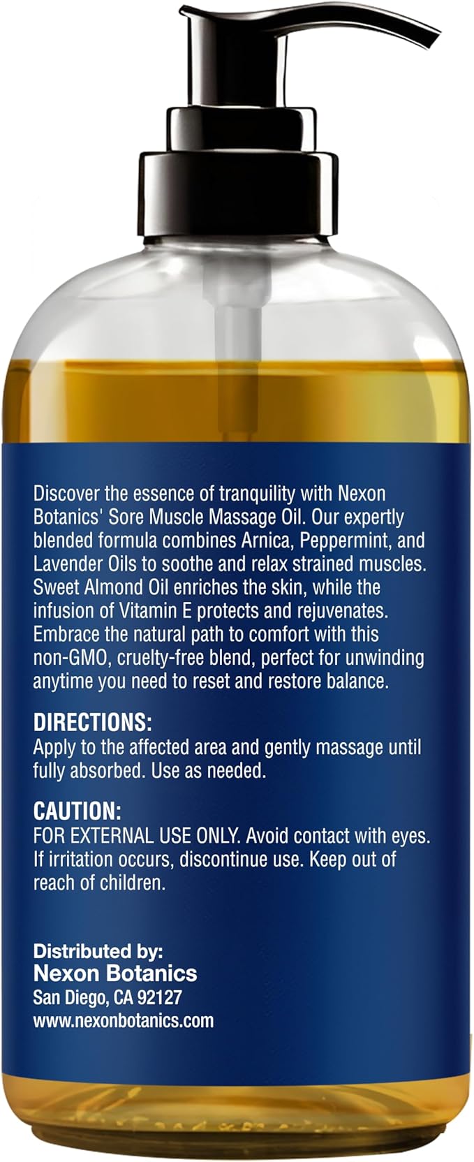 Sore Muscle Massage Oil 8 fl oz - Arnica Massage Oil for Therapy & Pain Relief - Peppermint & Lavender for Body & Muscle Relaxation - Nexon Botanics