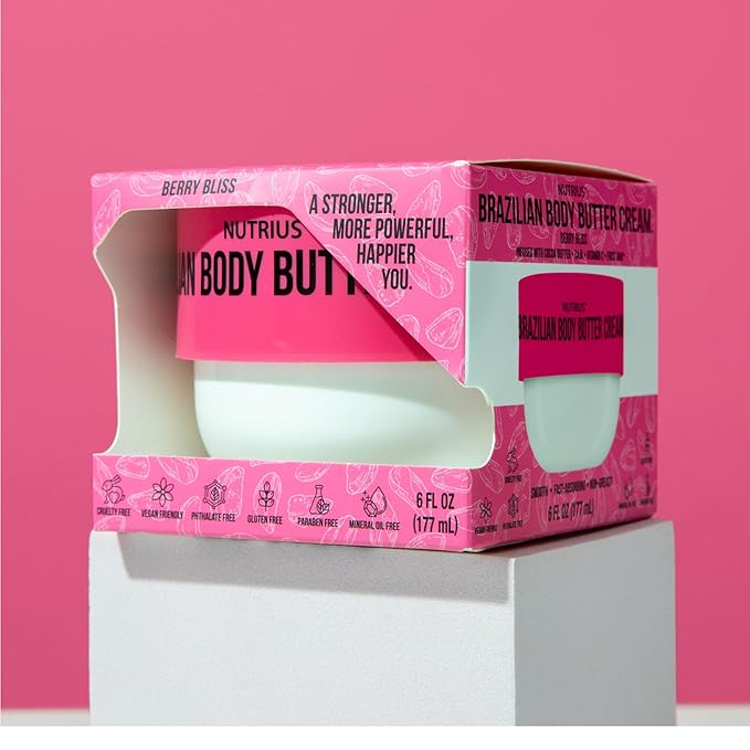 Nutrius Brazilian Body Butter Cream Berry Bliss - Experience Luxe Hydration, Acai, Mango, Cocoa & Cupuacu, Vitamin C for Radiant Glow - Vegan & Cruelty-Free Formula, Crafted for Silky-Smooth - 6 FL OZ