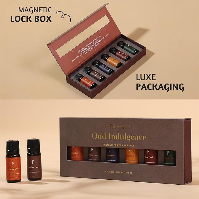 Folkulture Essential Oils for Diffuser | Essential Oils Set of 6 Fragrances| Diffuser Oils Scents for Home | Diffuser Essential Oil - Orchid Oud, Rose Oud for Mothers Day Gifts for her
