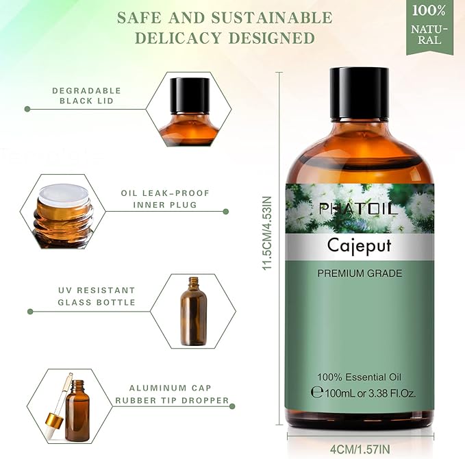 Cajeput 3.38fl.oz Essential Oil, PHATOIL Pure Aromatherapy Oils for Diffuser, Humidifier, Perfect for DIY Soap, Candle, Bath Bombs Making(100ml)