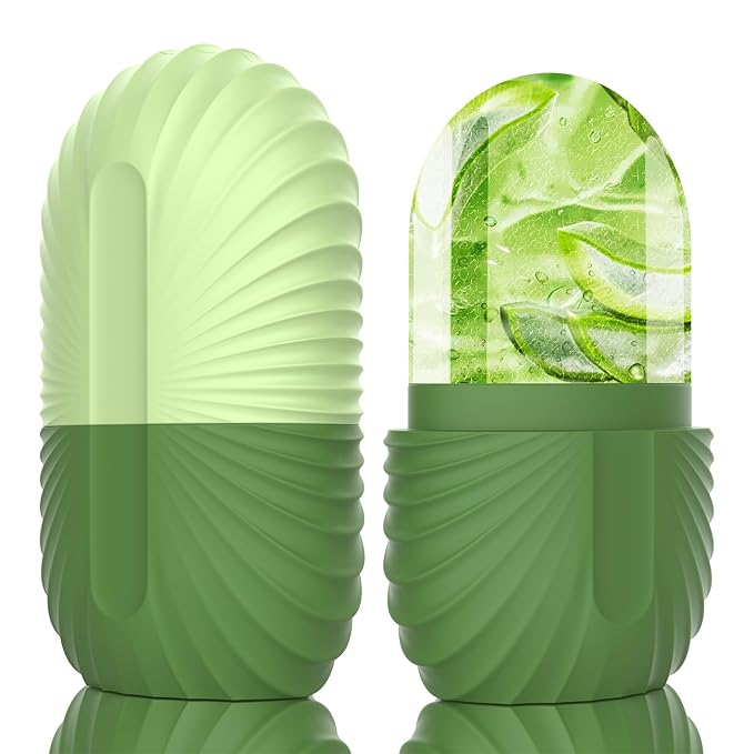 Ice Face Roller, Silicone Facial Ice Roller, Reusable Skin Care Massager Tools for Relieve Puffiness, Tighten Skin, Shrink Pores Shell Green