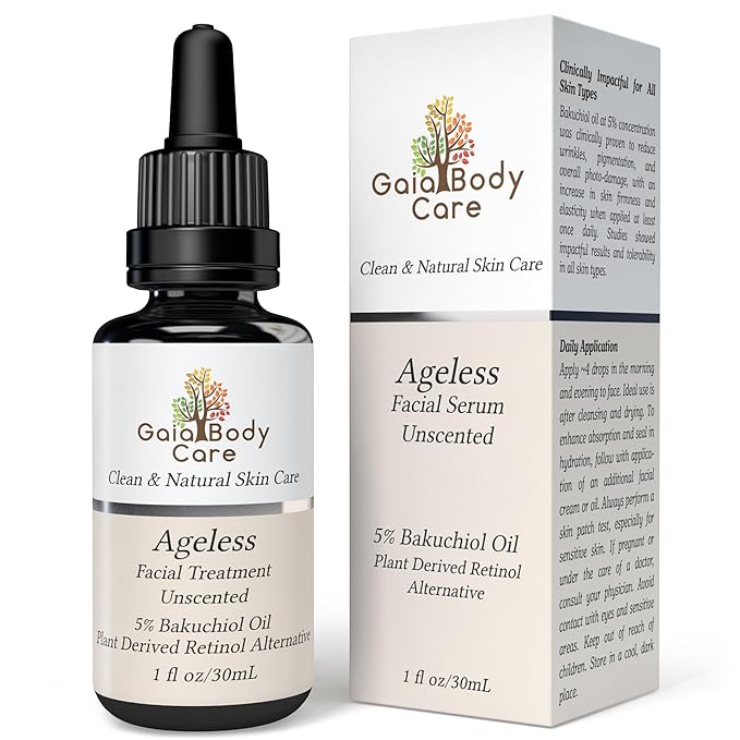 Gaia Body Care 5% Bakuchiol Oil Organic - Anti Aging, Anti Wrinkle, Reduces Fine Lines, Smooths Skin, Hydrates - Botanical Vegan - Natural Retinol Alternative Facial Oil (1oz, Unscented)