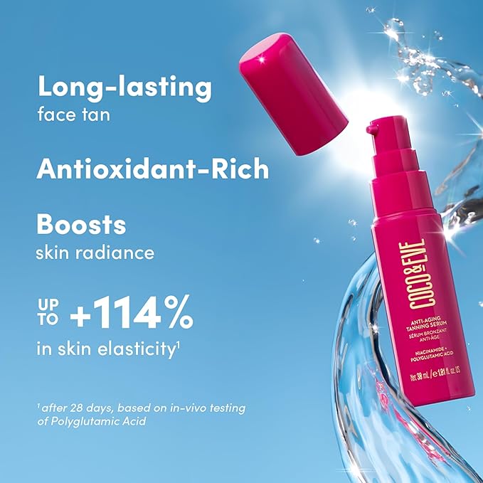 Coco & Eve Anti-Aging Tanning Serum - Face tanner with Skincare Actives for Gradual, Hydrating Glow. Natural Self Tanning Bronzer, with Niacinamide & Antioxidants for Healthy Glowing Skin (1.01 Fl Oz)