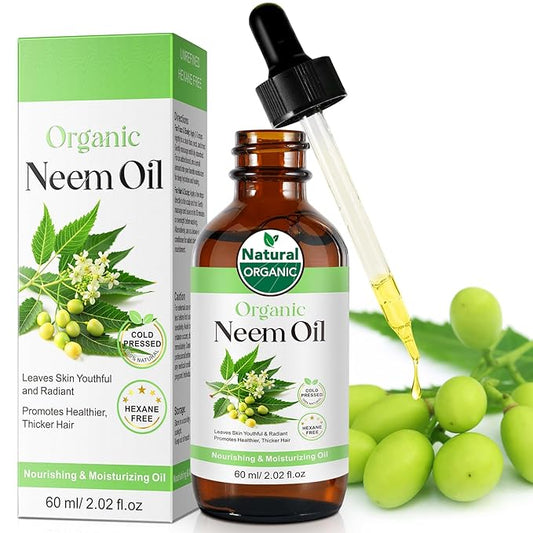 Organic Neem Oil for Skin 2.02 fl.oz, 100% Pure Natural Cold Pressed Unrefined Virgin for Hair Growth, Skin& Body Care, Nails, Nourishes the Hair, Natural Moisturizer, Reduces Fine Lines