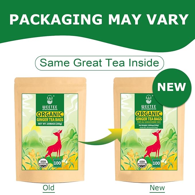 WT WEETEE Organic Ginger Tea Bags, 100% Pure Ginger Root Tea 100 Count, Caffeine Free, No Spices, No Flavors