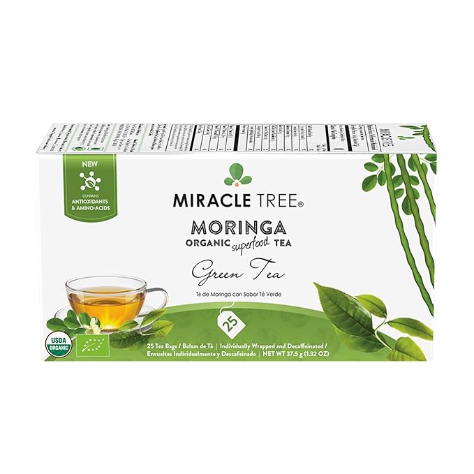 Miracle Tree - 6 Count of Organic Moringa Superfood Tea, 25 Individually Sealed Tea Bags, Green Tea (Keto, Detox, Energy/Immunity Booster, Vegan, Gluten-Free, Organic, Non-GMO, Decaffeinated)