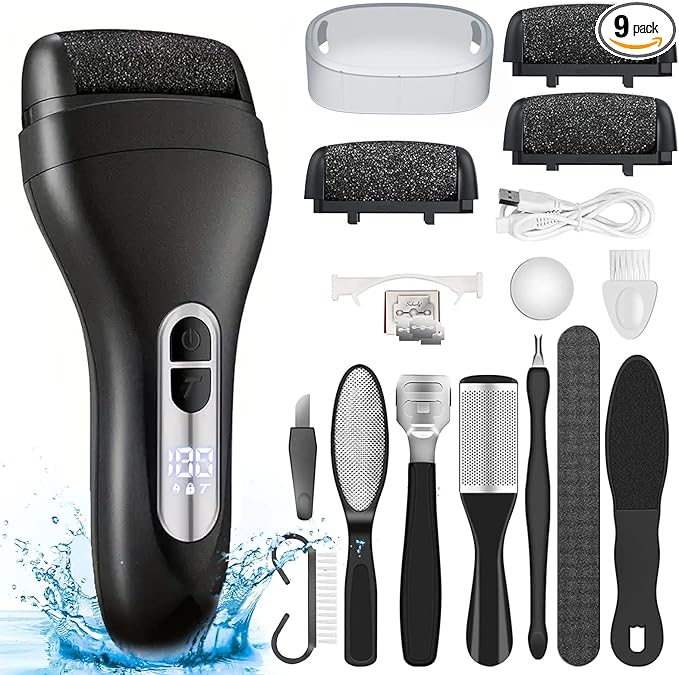 Electric Callus Remover for Feet - with Larger Grinding Head, Portable Pedicure Kit Foot File Callus Remover, Rechargeable Waterproof Foot File for Foot Care Deadskin Remover LCD Display-Black