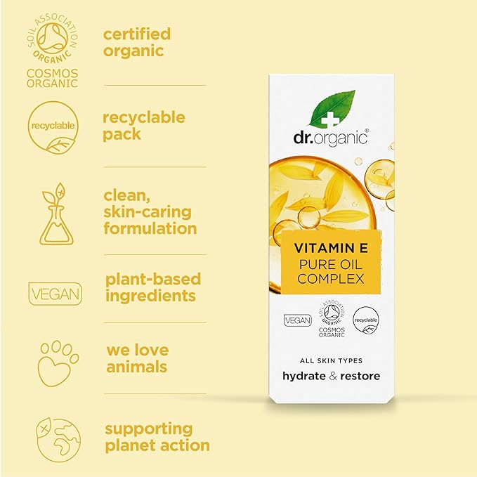 Dr. Organic Vitamin E Pure Oil Complex | Nourishes and Protects Skin, Enhances Elasticity, Natural, Certified Organic, Paraben & SLS-Free, 50 mL / 1.7 fl oz