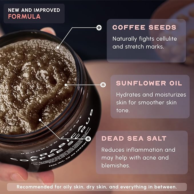 Brooklyn Botany Dead Sea Salt and Arabica Coffee Body Scrub 10 oz - Moisturizing and Exfoliating Body, Face, Hand, Foot Scrub - Fights Stretch Marks, Fine Lines, Wrinkles - Great Gifts for Women & Men