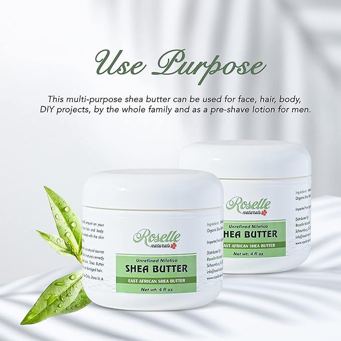 Roselle Naturals African Shea Butter - All Natural Nilotica Shea Butter Raw Organic, Unrefined Pure and Creamy White Shea Nilotica for Skin, Face, Hair and Body, 4 oz