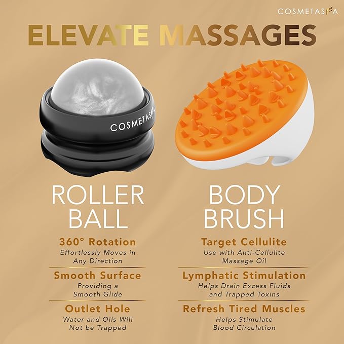 Cosmetasa Body Massage Oil for Massage Therapy Kit - Arnica Sore Muscle Massage Oil, Cellulite Massage Oil, Lavender Massage Oil, Skin Massage Roller Ball, Massager Mitt - Relaxing Luxury Spa Gift Set