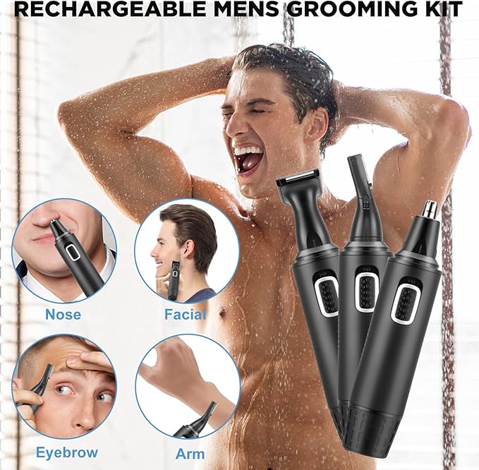 AREYZIN Nose Hair Trimmer 3-in-1 Versatile Rechargeable Ear and Nose Trimmer for Men&Women Painless Electric Shaver Grooming Kit for Ear Beard Facial Pubic Hair Wet Dry Use