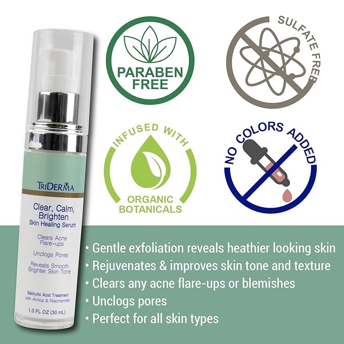 TriDerma Clear, Calm, Brighten Skin Serum with 2% Salicylic Acid and Niacinamide Reveals Smoother, Brighter, More Even Skin, Clears Acne Blemishes, Blackheads and Unclogs Pores, 1 oz