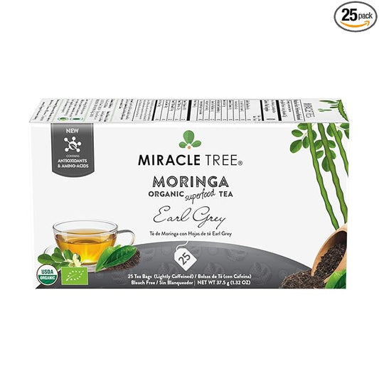 Miracle Tree - Organic Moringa Superfood Tea, 25 Individually Sealed Tea Bags, Earl Grey (Keto, Detox, Energy & Immunity Booster, Vegan, Gluten-Free, Organic, Non-GMO, Caffeine-Free)