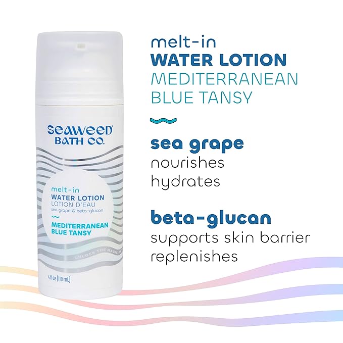 Seaweed Bath Co. Melt-in Water Lotion, Mediterranean Blue Tansy Scent, 4 Ounce, Sustainably Harvested Seaweed, Sea Grape, Beta-Glucan