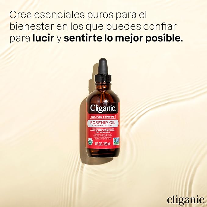 Cliganic Organic Rosehip Seed Oil for Face, 100% Pure | Natural Cold Pressed Unrefined Non-GMO | Carrier Oil for Skin, Hair & Nails