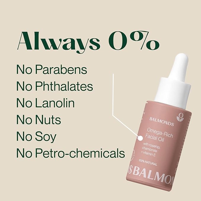 Balmonds Omega Rich Facial Oil, 100% Natural Skin Oil for Dry & Sensitive Skin, Fragrance Free & Made with Vitamin E Oil, Vegan & Cruelty Free (1.1 oz)