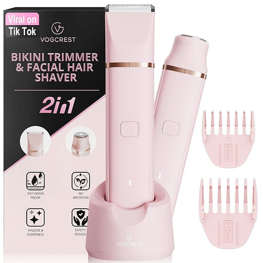 Electric Bikini Trimmer: 2 in1 Body Facial Hair Remover - Painless Pubic Hair Shaver (Pink)